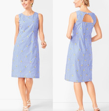 TALBOTS Blue Gingham Check Shift Dress Embroidered Lemons Open Back Size 12P
