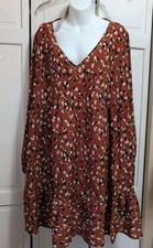 Women Shein Brown Patterned V Neck Long Sleeve Dress. 2XL NWT PRETTY 