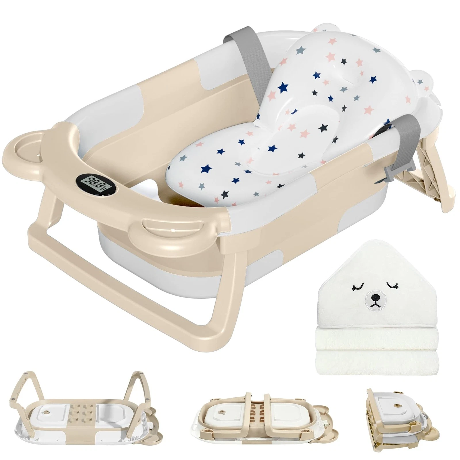 Collapsible Baby Bathtub for Newborn with Thermometer & 1 Hooded Towel & 1 So...
