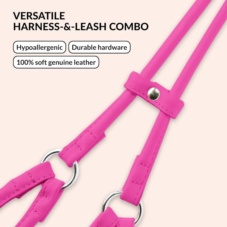 Rolled Leather Dog Harness And Leash Dogs PINK  Size XS - Image 2 of 3