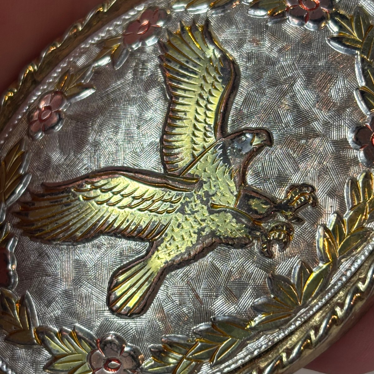 Vtg Silver Eagle & Flowers Oval Belt Buckle, Made In USA, NWOT Cowboy Cowgirl‎ Western Cowboy Cowgirl Buckle Eagle/Horse Hebilla Vaquera De  main image 4