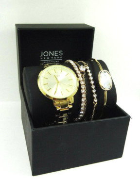 Jones New York JNYS1923 Women's Crystal Gold Tone Watch & 5 Piece Bracelet Set