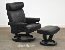 Black Leather Ekornes Stressless Recliner and Ottoman