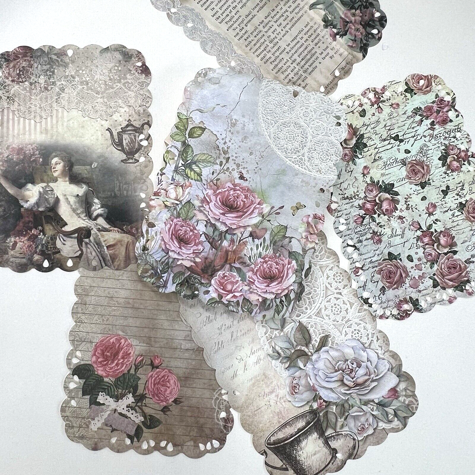 Vintage Style Lace Edge Rose Paper Sheets Scrapbook Collage Junk Journal