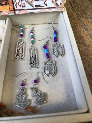 Ancient Egyptian Earrings Protection Queen Cartouche Scarab