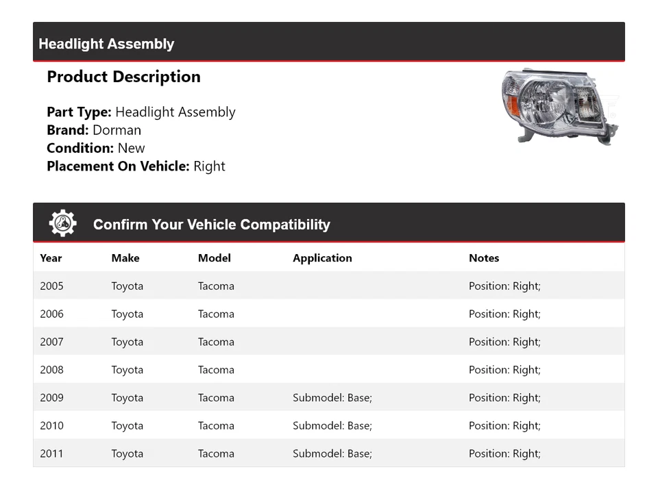 Conjunto de faros derecho para Toyota Tacoma Dorman 2005-2011 2006 2007 2008 2009 Foto 2 de 4