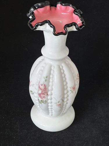Fenton Black Rose Crest Milk Glass Beaded Melon Vase with Hand Painted Roses 9”