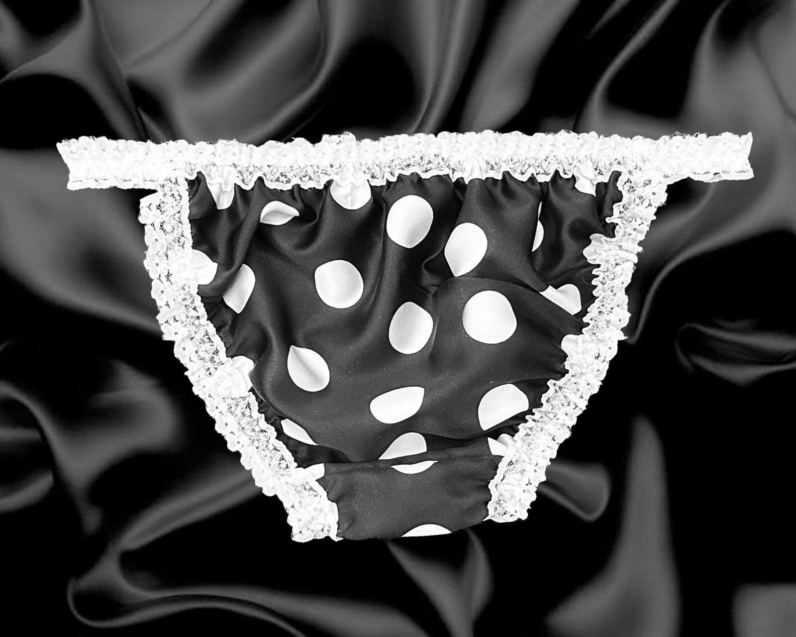 Black White Polka Dot Satin Sissy Frilly Lace Tanga Knickers Panties