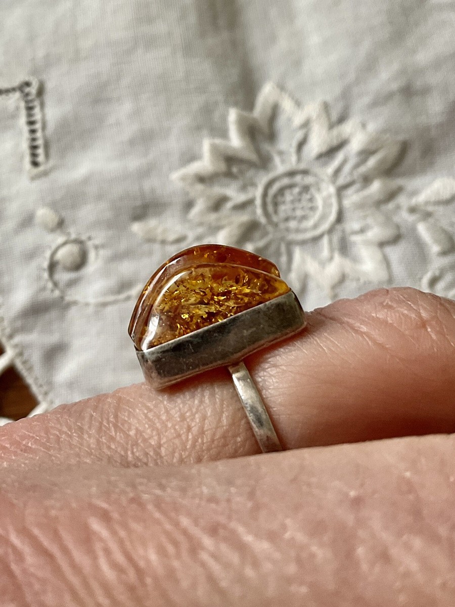 Bague En Argent Massif 925 Et Ambre Orange - Style Art Nouveau - Taille 53 - Occasion état Neuf
