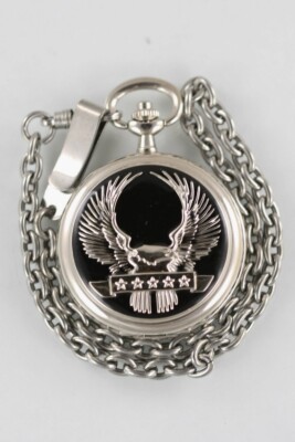 Majestron Herren Taschenuhr Edelstahl Silber Schwarz 14 In. Anhänger Kette Quarz