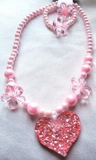 NEW Childrens Pink Heart Flower Bead Ring Bracelet Necklace Jewellery Set