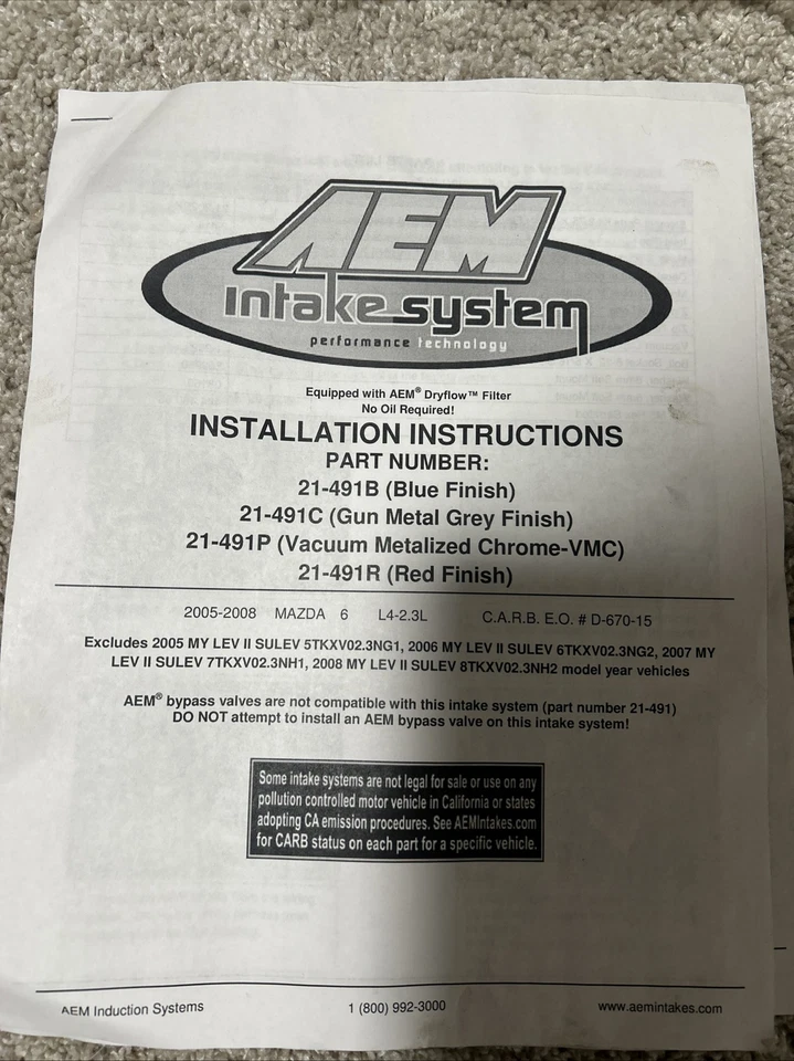 05-08 Mazda 6 2.3L Aem sistema de admisión de aire frío TOTALMENTE NUEVO Foto 3 de 4