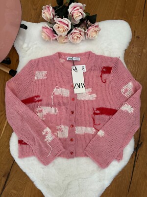 ZARA PINK JACQUARD KNIT CARDIGAN White Ornament SS23 1957/104 S Small RARE  UK