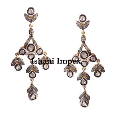 Victorian Earrings Natural Rose Cut Diamond & Diamond Polki 925 Sterling Silver 