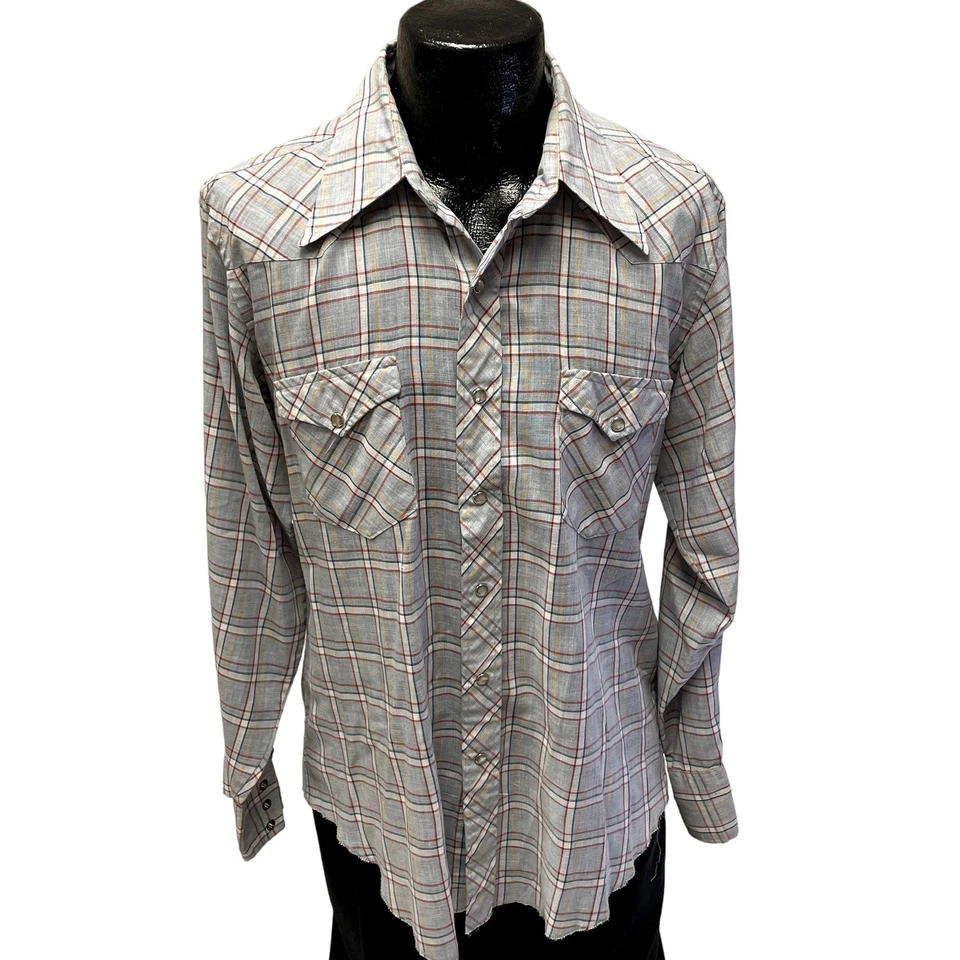 Camisa De Colección Años 70 Wrangler Gris Rojo Cuadros Vaquero Perla Occidental Snap ROCKABILLY 44 Foto 2 de 4