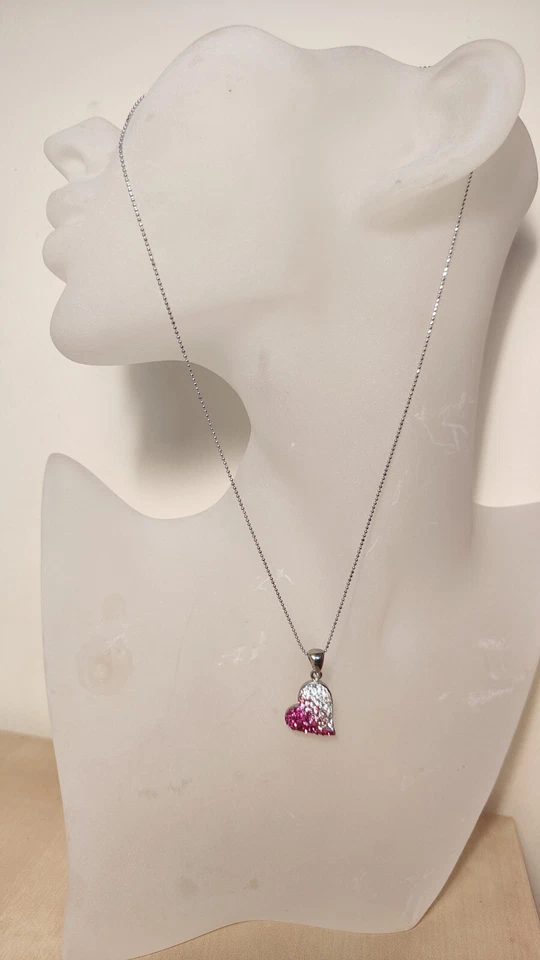 Collana Argento 925 Silver Ciondolo Cuore Zirconi Rosa Punto Luce Donna - Immagine 4 di 4