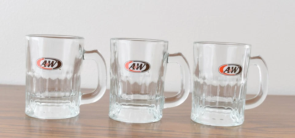 Juego de 4 tazas de vidrio de cerveza de raíz vintage A&W tazas de refrescos coleccionables 3-1/4" 4 fl oz Foto 3 de 4