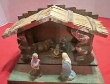 Vintage Nativity Set Manger Scene Creche Made in Italy Wood Stable 5 Figurines