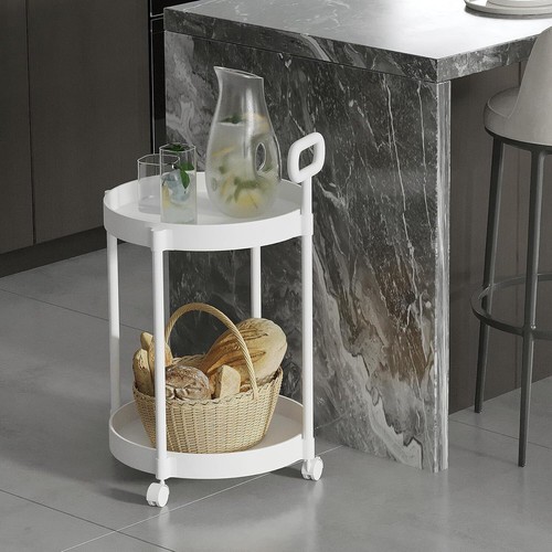 2 Tiers Shelves Round End Table Trolley Side Table Nightstand w/ handle & Wheels - Picture 7 of 29