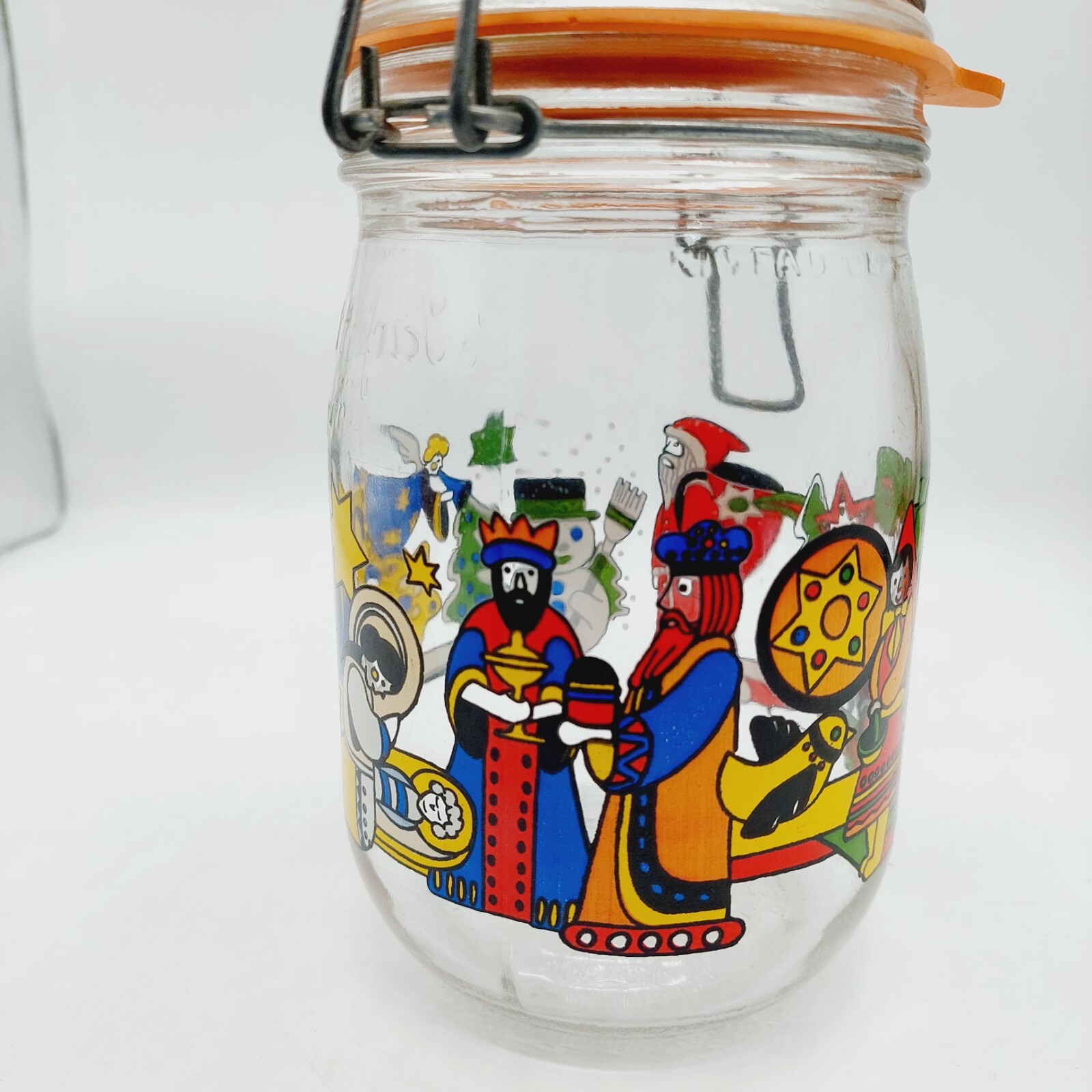 Le Parfait French Glass Jar Christmas Nativity Santa Snowman Wire Clamp Lid 6"