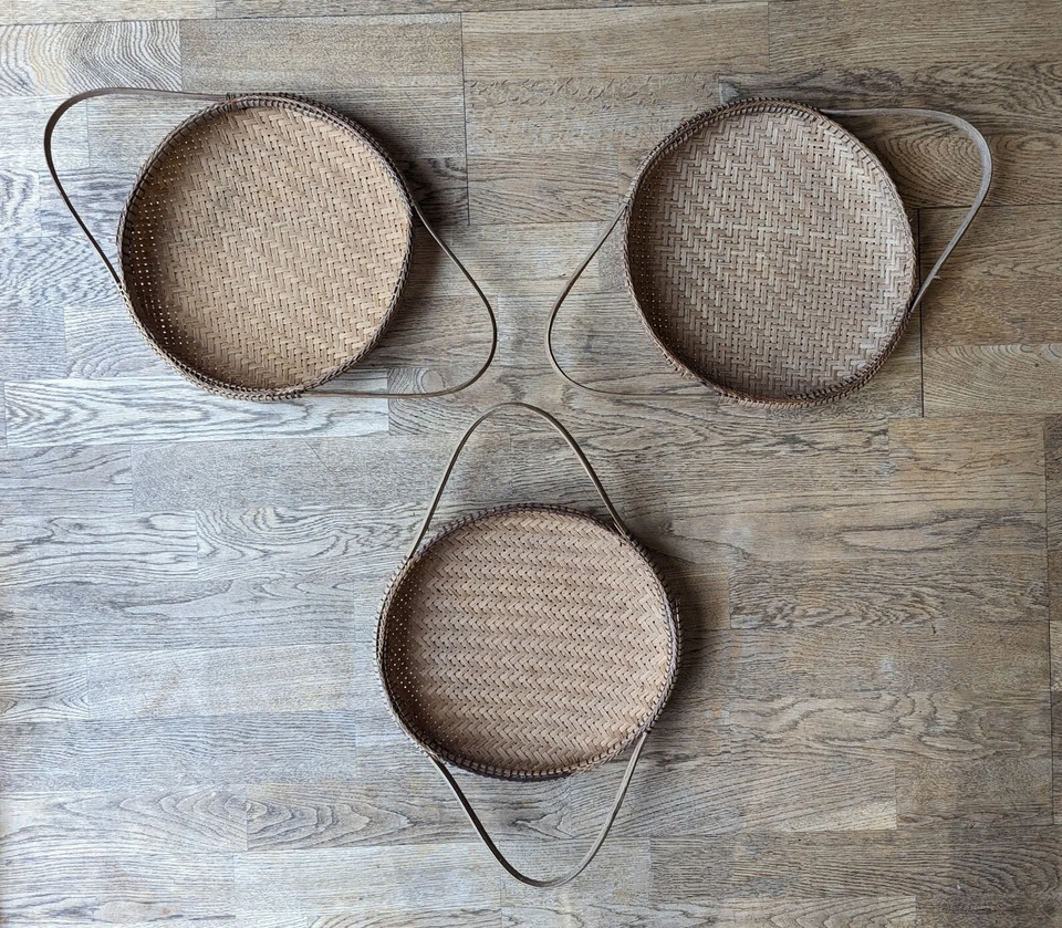 Vintage x3 Rattan Handmade Baskets Tiki Decor Serving Tray Bamboo Strainer Sieve - Image 4 of 4