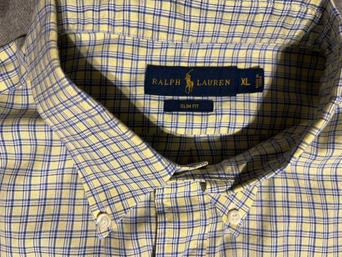 Ralph Lauren Polo Button Up Shirt Mens Large Yellow Blue Long Sleeve Slim Fit XL - Picture 2 of 4