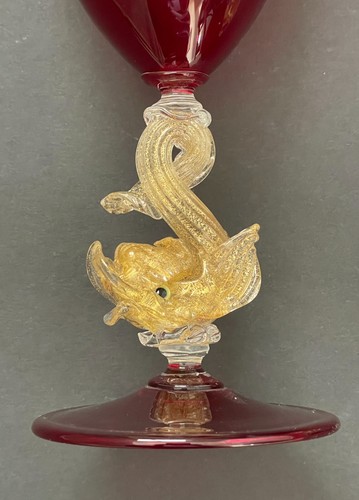 Vintage 1950s Salviati Murano Venetian Ruby Red Dolphin Glass 24k Gold - Picture 8 of 15