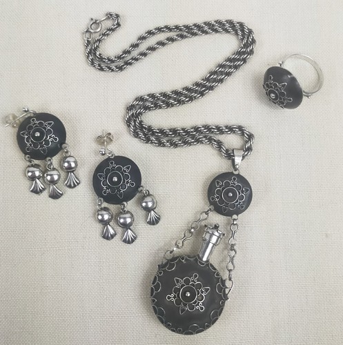 Vintage Oxidised Silver Russian Perfume Scent Bottle Pendant Ring & Earrings - 第 1/7 張圖片