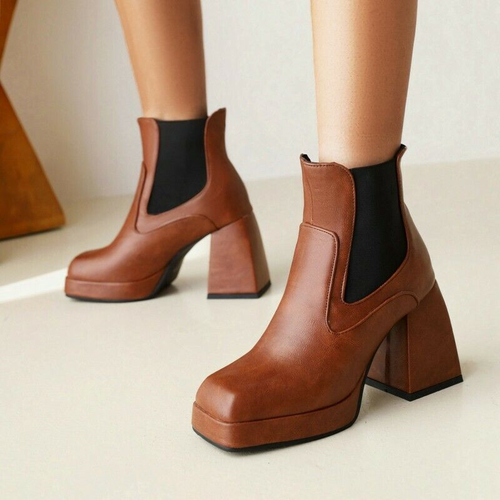 Women Chunky Heel Western Platform Zip 
