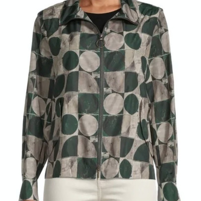 Akris Punto Circlefield Print Jacket Vest Green Tan Field Dots Circles 4