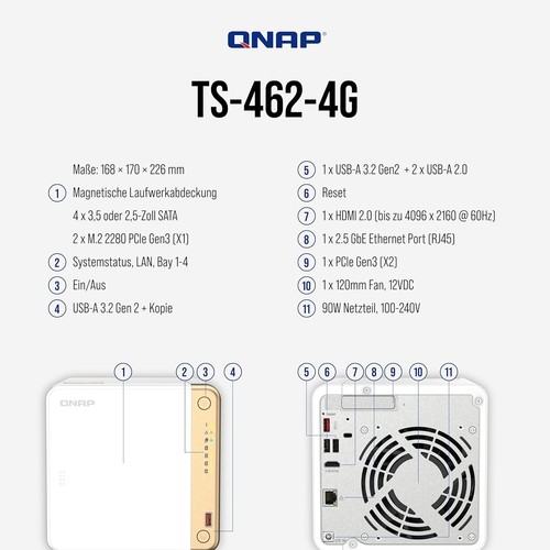 NAS-Systeme 4-BAY QNAP TS-462-4G 4Bay N4505 DC 4GBDDR4 - USB 2 NEU - Photo 6/7