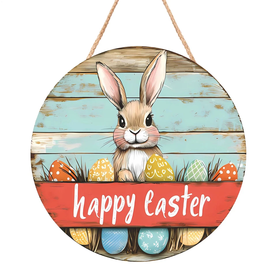 Letrero de bienvenida colgante de madera con decoración de feliz Pascua, letrero de conejito de puerta delantera madera Foto 2 de 4