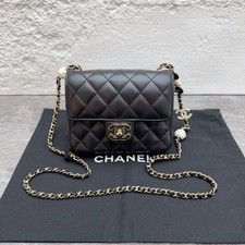Chanel 23P Square Flap Bag Lambskin Quilted Chain Crossbody Shoulder Bag Black