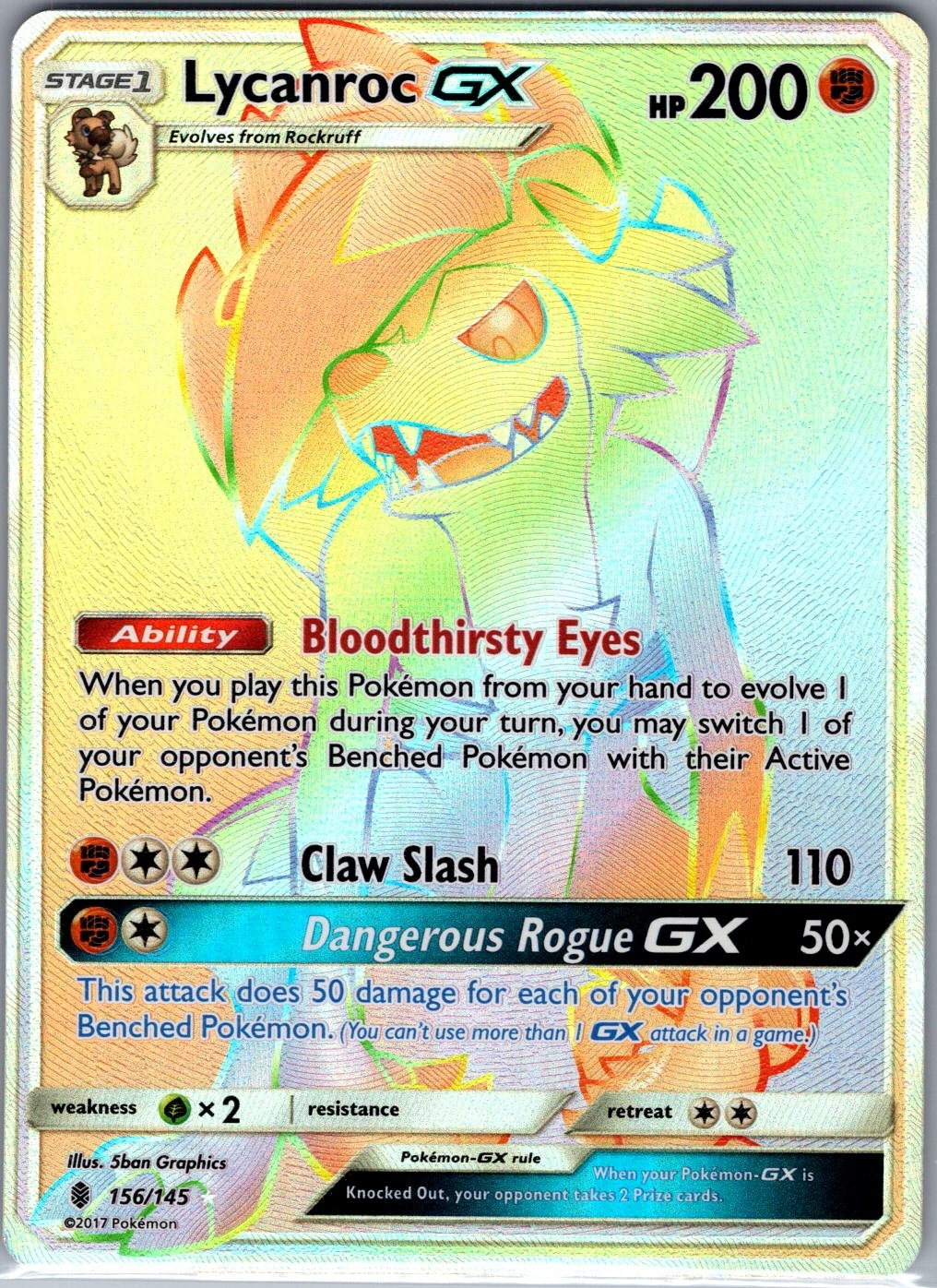 Lycanroc GX (Secret) 156/145 SM - Guardians Rising - Pokemon Card - NM