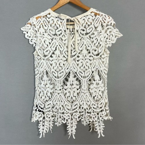 Dolce Vita Lace Overlayer Top White Tie Neck FLAWS Size Medium Short Sleeves - Picture 2 of 16