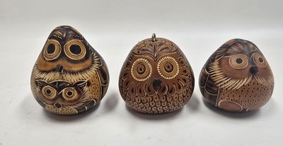 LOT OF THREE  Handmade Carved Gourd OWLS Peru