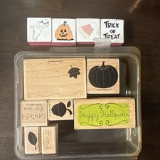 Stampin Up Dotted Autumn Rubber Stamp Set Pumpkin Leaves Acorn and Halloween