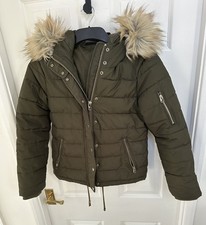 Topshop Khaki Green Thick Padded Puffer Jacket Hood + Faux Fur Trim Size 8 