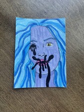 Alien Woman Blue Hair Yellow Eyes Painting Art Card ACEO Original Surreal Horror