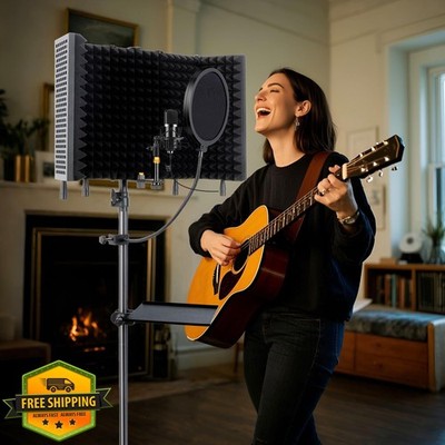 Studio Isolation Shield Mic Stand, Pop Filter, Foam Booth