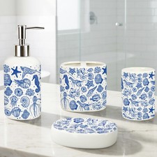 JarThenaAMCS 4Pcs Blue Beach Ceramic Bathroom Accessories Coastal White