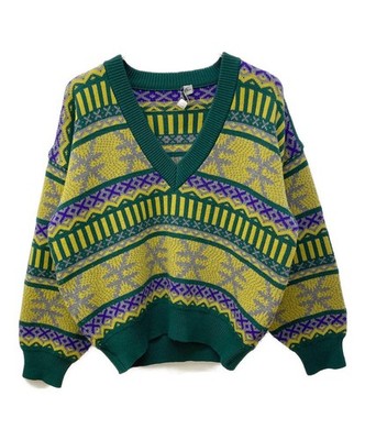Christian Dior Sports V-neck knit sweater/ green x yellow/ size: L