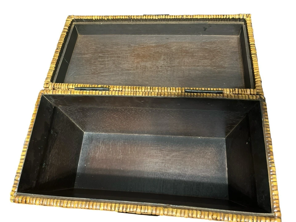 Vintage Woven Rattan Storage Box/ Wood Interior/ Metal Latch Brass Handles -Boho - Image 4 of 4