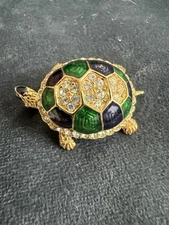 Vintage Tortoise Turtle Pin Brooch Rhinestones & Blue Green Enamel Shell