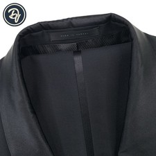 Mens 40 L HUGO BOSS Solid Black Satin Shawl Lapel Wool Dinner Tuxedo