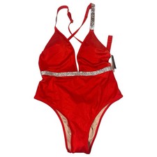 VICTORIA'S SECRET SHINE STRAP PLUNGE ONE PIECE SWIMSUIT XL Rhinestone Red