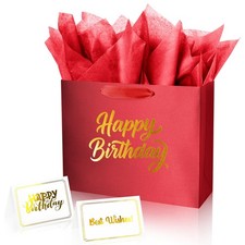 Red Birthday Gift Bag with Tissue Paper Solid Color Silky for Women Gift Set