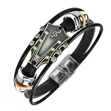 Retro Guitar Leather Bracelet for Man Women Unique Bead Braided 001-bronze