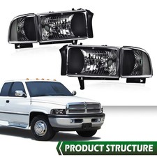 For 94-02 Dodge Ram 1500 2500 3500 Black Housing Clear Corner Headlight Lamps
