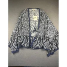 Davi & Dani Blue Floral Print Kimono Cardigan w/ Tassels Boho Beach Cover Up S